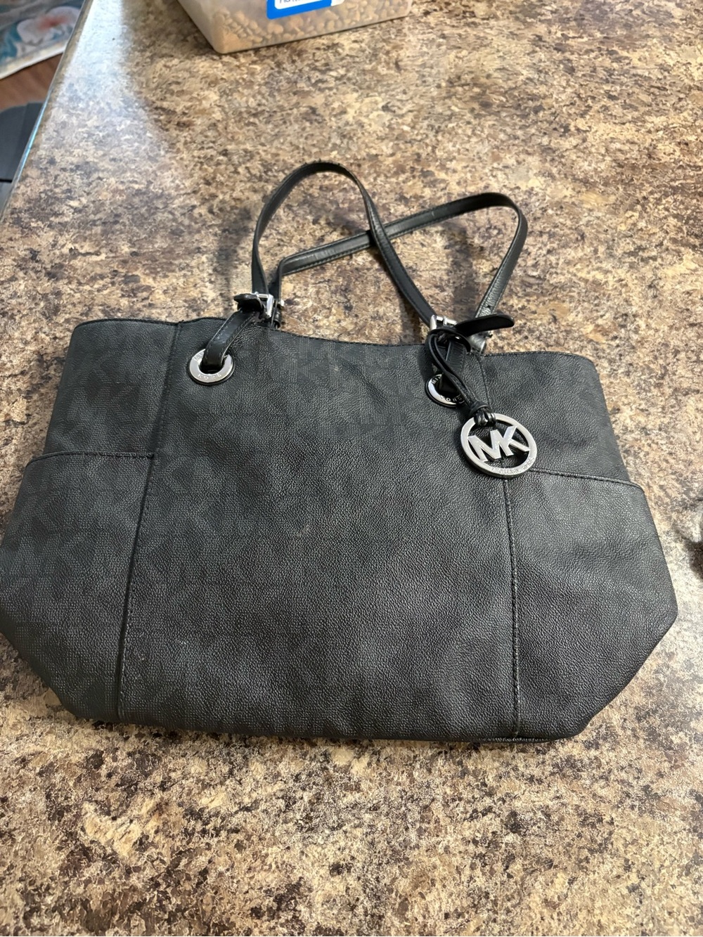 Michael Kors Black Signature Tote with Silver MK Charm